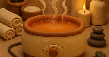 Professional paraffin wax bath treatment showing hands being dipped in warm wax at a spa