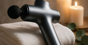 Professional using a percussion massage gun on a client's back during a spa treatment