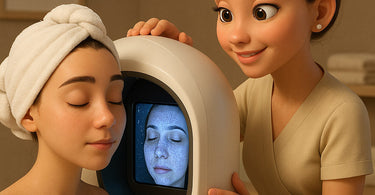 Professional esthetician using skin analyzer scanner during facial consultation