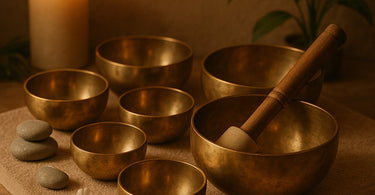 Professional sound therapy bowl set arranged on spa table with mallet