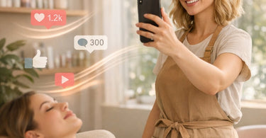 A beauty professional using a phone on a tripod to film a TikTok video in a stylish, well-equipped salon with Pure Spa Direct products visible.