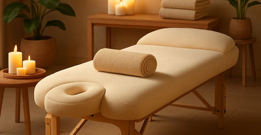 Professional massage table setup in a modern spa environment with clean linens and essential accessories