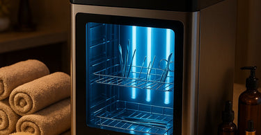 UV Sterilizer Cabinet for salons and spas with tools inside, showcasing professional sanitation equipment