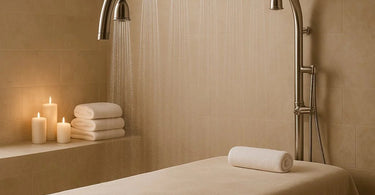 Professional Vichy Shower in use at a luxury spa, showcasing multiple showerheads and a client enjoying hydrotherapy