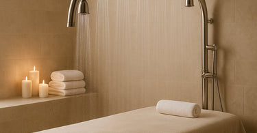 Professional Vichy Shower in use at a luxury spa, showcasing multiple showerheads and a client enjoying hydrotherapy