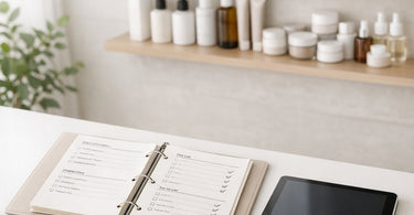 A tablet displaying a checklist for spa standard operating procedures, next to a cup of coffee and a notebook on a wooden desk, symbolizing organized business planning for salon staff onboarding and consistent service.
