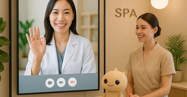 Professional esthetician conducting virtual consultation with client on laptop