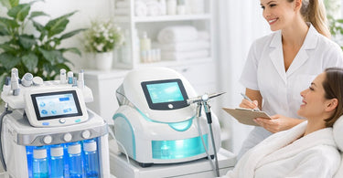 Side-by-side comparison of HydraFacial and JetPeel facial treatment devices in a modern spa setting