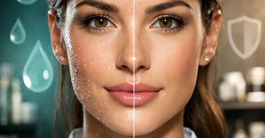 A split image illustrating skin hydration vs. barrier repair, featuring dewy, plump skin on one side and a protective lipid layer on the other, with professional skincare retail products in the foreground.
