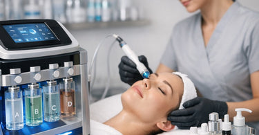 A collection of hydro facial machines, serum bottles, and spa tools arranged on a table, representing the consumables and equipment needed for a profitable hydro facial service.