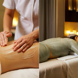 Spa professional applying a body scrub treatment