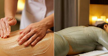 Spa professional applying a body scrub treatment