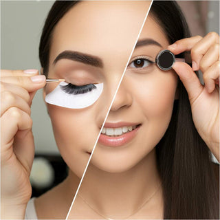 A close-up of strip lashes and magnetic lashes side by side on a beauty table