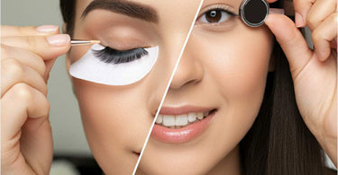 A close-up of strip lashes and magnetic lashes side by side on a beauty table