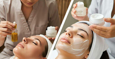 Facial oils and creams displayed in a spa setting