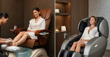 A luxurious pedicure chair and a massage chair side by side in a modern spa setting