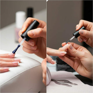 Close-up of manicured hands showing shiny nails with top-coat and healthy nails with strengthener.