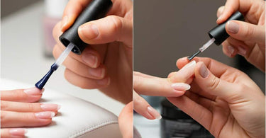 Close-up of manicured hands showing shiny nails with top-coat and healthy nails with strengthener.