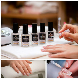 Professional nail hardeners displayed on a salon table