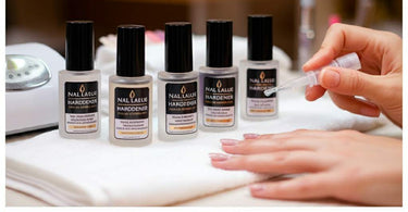 Professional nail hardeners displayed on a salon table