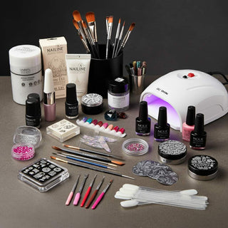 Professional nail art supplies including brushes, gels, and accessories