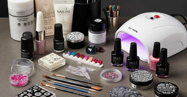 Professional nail art supplies including brushes, gels, and accessories