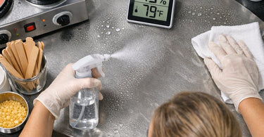 Infographic showing how high and low ambient room humidity affects hard wax setting time in a salon treatment room