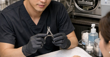 Close up of professional stainless steel cuticle nippers showing the internal spring mechanism, symbolizing durability and maintenance for nail technicians.