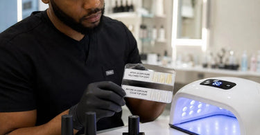 Bottle of professional UV-protectant top coat for nails on a counter, illustrating the impact of UV exposure on preventing yellowing in salons and spas.