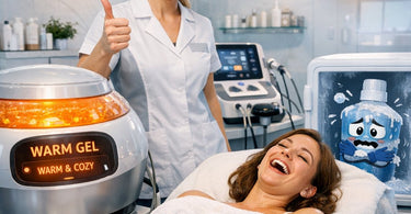 Professional spa setting showing a therapist using a cavitation machine with warm ultrasound gel for a body contouring treatment
