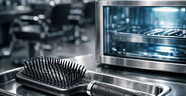 A clean, organized salon station with multiple sterilized paddle brushes stored neatly in a UV cabinet and clean drawers.