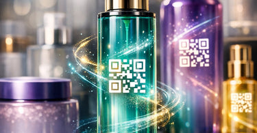 A smartphone scanning a QR code on a spa retail product bottle, with ingredients like aloe vera and green tea leaves visible in the background