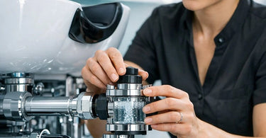 A close-up view of a professional shampoo bowl with a stylist's hand testing the backflow prevention valve, emphasizing safety and maintenance in a salon setting.