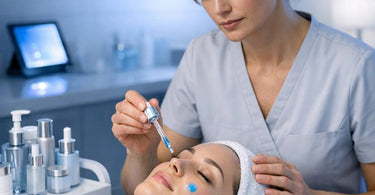 A serene spa treatment in progress, showing an esthetician gently applying a glowing serum to a client's face, symbolizing advanced blue light protection skincare.