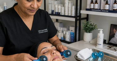 Glacial Bliss globes rolled across skin for post-extraction care to reduce inflammation and redness.