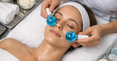 Aesthetician using cryotherapy globes on client during express facial service