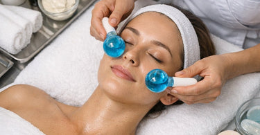 Aesthetician using cryotherapy globes on client during express facial service