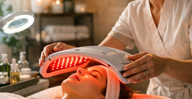 A spa professional gently positioning an LED light therapy mask over a relaxed client's face during a facial treatment