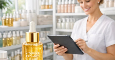 A well-organized spa storage room with neatly labeled shelves full of professional serums, creams, and skincare products.
