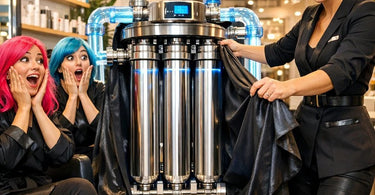A modern salon water filtration system installed in a professional spa backroom, with clear tubing and a digital display, showcasing clean water technology for beauty treatments