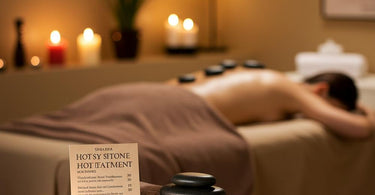 Hot stone massage setup with basalt stones and spa essentials