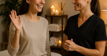 Woman hesitating before hugging massage therapist after a spa treatment