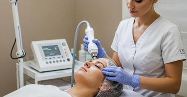 Close-up of a woman receiving a gentle microdermabrasion treatment at a spa