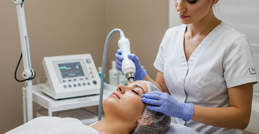 Close-up of a woman receiving a gentle microdermabrasion treatment at a spa