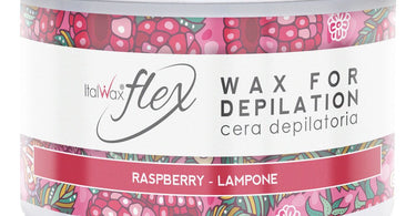 ItalWax Flex Wax Raspberry Soft Strip Wax 14 oz can with spatula on pink background