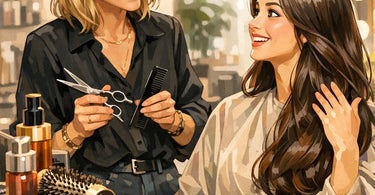 A hairstylist and client laughing together during a consultation in a modern salon, symbolizing clear communication and trust.