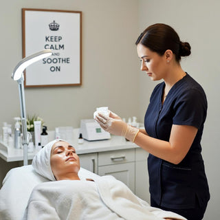 Spa professional applying a soothing compress to a client's face during a facial treatment.