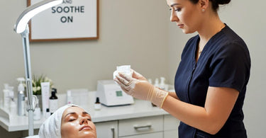 Spa professional applying a soothing compress to a client's face during a facial treatment.