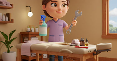 Massage therapist performing maintenance on professional massage table in spa environment