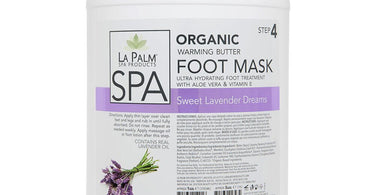 La Palm Organic Warming Butter Foot Mask in a 1-gallon jar, an ultra-hydrating foot treatment with Aloe Vera and Vitamin E in Sweet Lavendar Dreams scent, displayed on a spa towel.